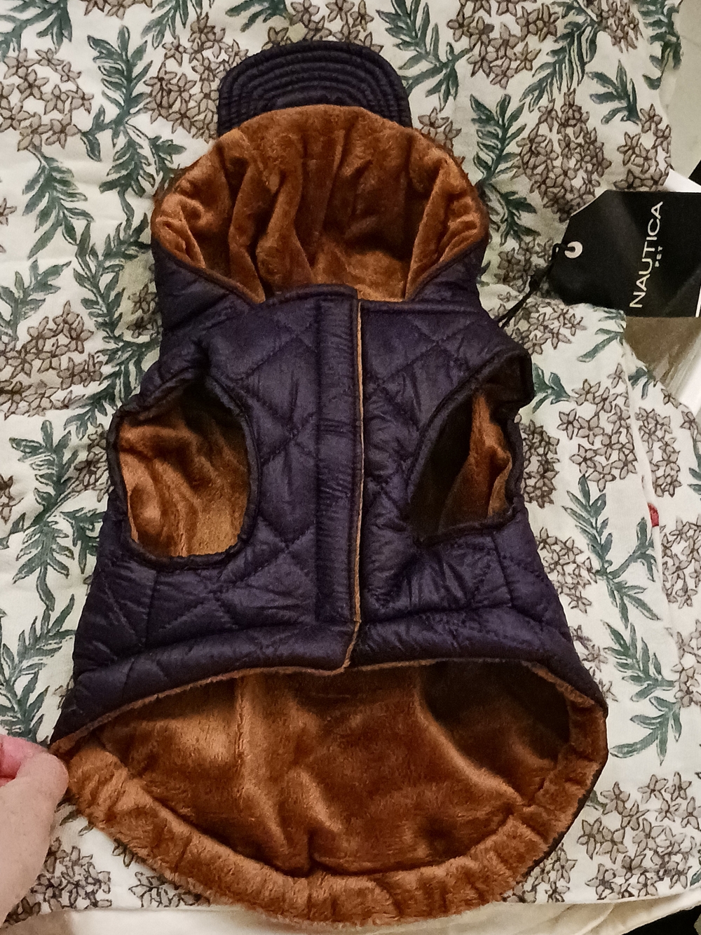 Nautica Quilted Fleece Plush Navy Dog Coat with Hood